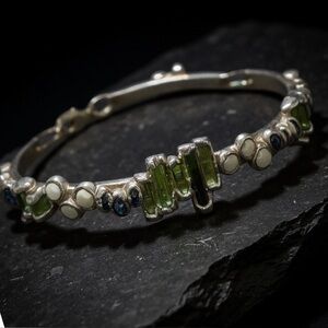 Vintage 99% Silver Green Tourmaline, Moonstone, and Iolite Bracelet by C + R